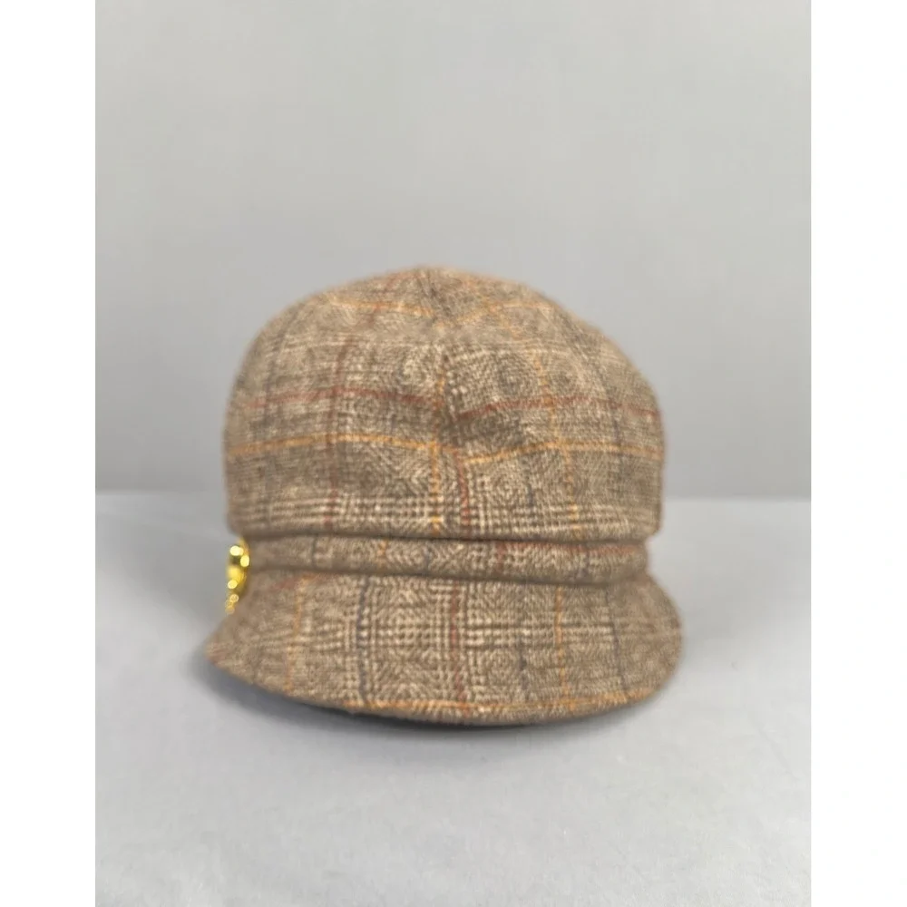 Old‎ County Road Brown Plaid Tweed Newsboy Cap Gold Horsebit Accent OS